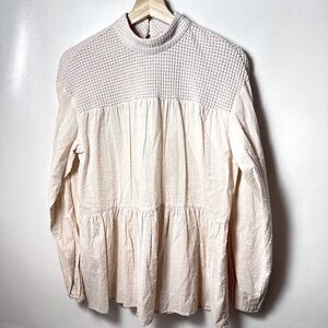 DR2 Blouse Womens Small Cream Boho Crochet Tiered Babydoll Swiss Dot Vanilla